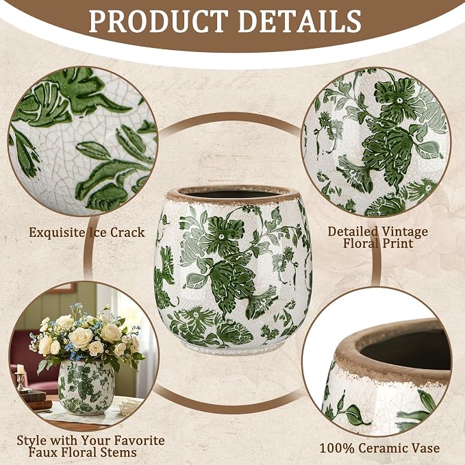 SiliFine Vintage Ceramic Flower Pot with Ice Crackle Rustic Planter with Drainage Holes for Indoor and Outdoor Decor Home Living Room Garden Decor Gardening Gift(Vintage Green Style)