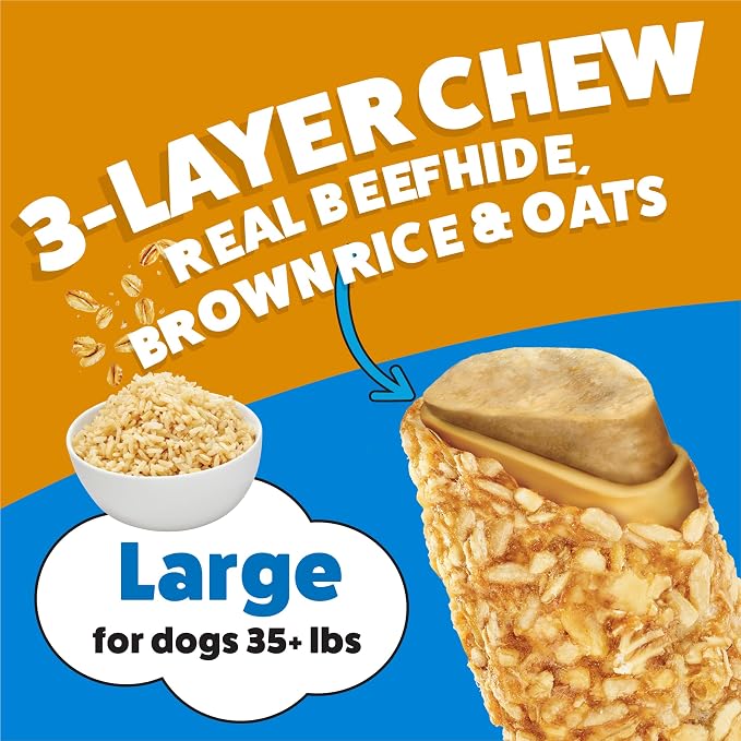 Purina Busy Chewnola Small/Medium Dog Bones, Oats & Brown Rice, 10 ct Pouch | Three-layer dog treat made with wholesome grains and a real beefhide center, long-lasting chew that helps clean teeth
