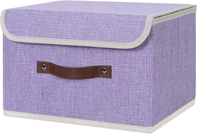 ANMINY Fabric Storage Box Bins with Lids, Purple, 13"x9"x7.9" | Keepsake Memory Storage, Cotton Linen, PP Board Reinforced, Washable, PU Handles, Foldable & Stackable, Decorative, Medium