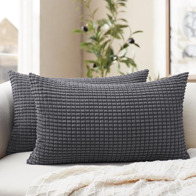 Softalker Corduroy Decorative Throw Pillow Covers 12x20, 2 Pack, Dark Grey | Soft Boho Striped Pillow Cases, Couch Fluffy Cushion Covers for Farmhouse Home Decor Bed Living Room