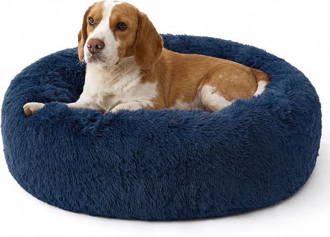 Bedsure SupportMax™ Calming Dog Bed Medium Size Dog Washable Pet Bed,30in | 420GSM Plush Fluffy Faux Fur Donut Round,Thick Supportive,Removable Cover,Anti-Slip,Anti-Anxiety,Up to 45 Lbs,Navy