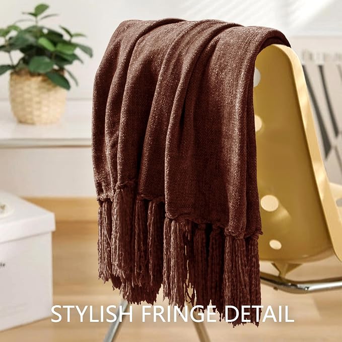 Chenille Throw Blanket for Couch 50" x 60", Dark Brown | Soft Cozy Warm Throws with Fringe Tassel Living Room Bed Sofa Chair Cover, Lightweight Knitted Boho Blankets Fall Decor