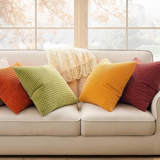 MIULEE Fall Decorative Pillow Covers 18x18 Inch Set of 4 Yellow Orange | Burnt Orange Green Gradient Boho Farmhouse Home Decor, Modern Corduroy Couch Pillows, Pillowcases for Sofa Living Room Bed