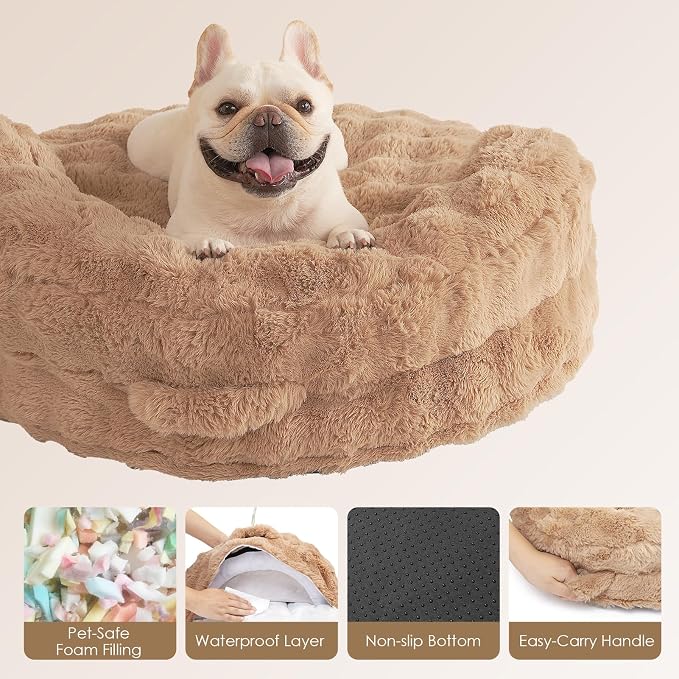 EHEYCIGA Soft Cat Couch Bed for Indoor Cats, Fluffy Small Dog Bed with Removable Washable Cover, Bolster Pet Sofa, Waterproof and Non-Slip, 24" x 24"x 7", Camel