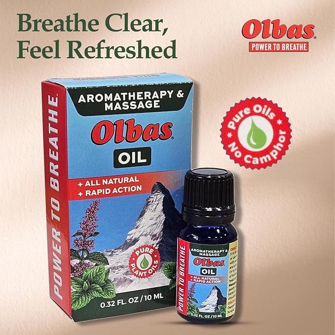 Olbas Aromatherapy Inhalant and Massage Oil Pack of 1 (10 ml), Body Massage Oil, Swiss Herbal Remedies with Pure Essential Massage Oils for Muscle Relaxing and Soothing Comfort for Pain Relief