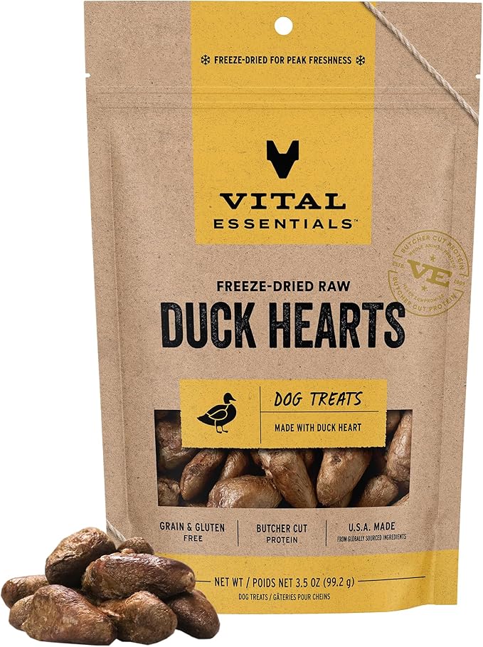 Vital Essentials Freeze Dried Raw Duck Hearts Dog Treats, 3.5 oz Bag | Single Ingredient, Premium Quality Protein, Grain Free Treats, USA Made with U.S. & Globally Sourced Ingredients