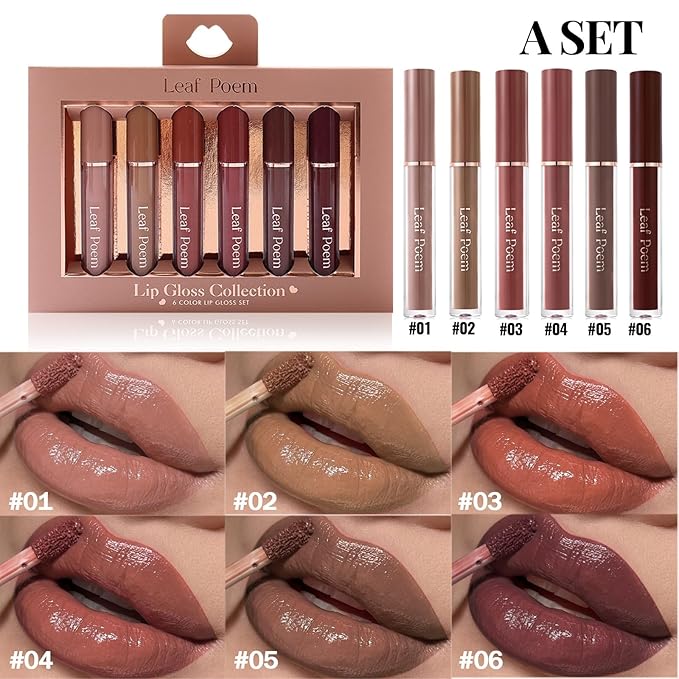 Lip Gloss Set with Glossy and Soft Brush Non-Sticky Moisturizing Lipgloss for Women Lip Makeup Collection (6 Pcs A)