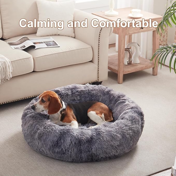 33 in Faux Fur Donut Dog Bed for Medium Plus Dogs,Tie-dye Grey | Calming Plush Round Fluffy Pet Bed with Removable & Washable Cover,Fits up to 65 lbs Pets