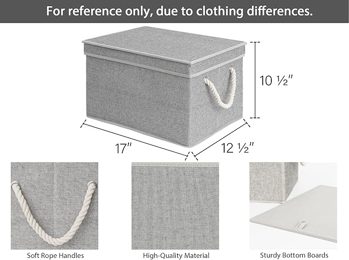 StorageWorks Storage Bins with Lids, Decorative Storage Boxes with Soft Rope Handles, Foldable Stackable Storage Baskets for Closet, Shelves, 3-Pack, Gray, Jumbo