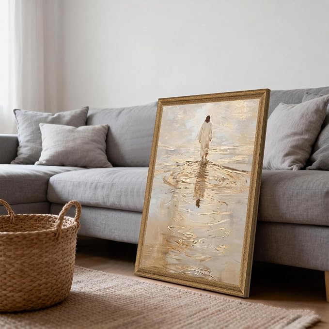 Fantasy Artists Christian Wall Art – Jesus Walking on Water Inspirational Painting, Warm Gold Faith Artwork for Home & Prayer Room, Religious Decor Symbolizing Hope, Trust & Divine Strength, 20W X 30H
