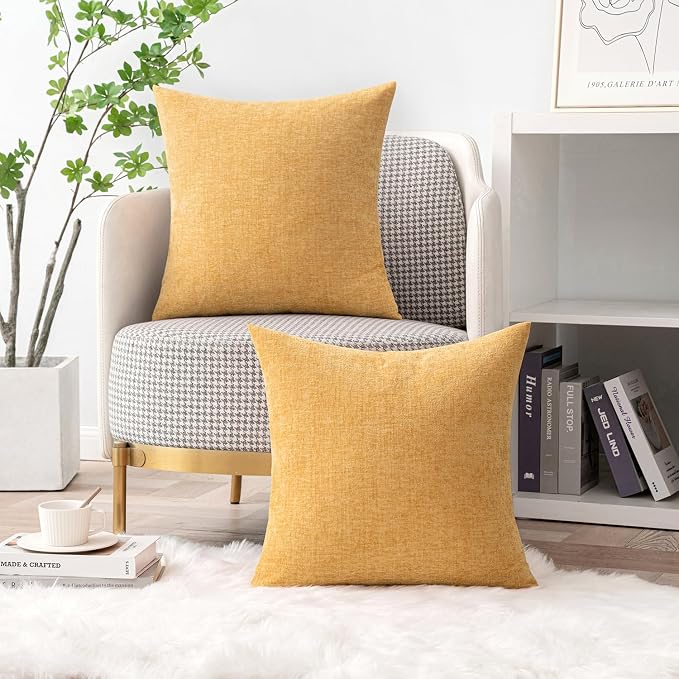 MIULEE Soft Chenille Throw Pillow Covers Beige Yellow 16x16 Inch Pack of 2 | Modern Home Decor, Classic Decorative Pillows, Solid Dyed Cases, Boho Couch Cushion Covers for Sofa Bed Living Room