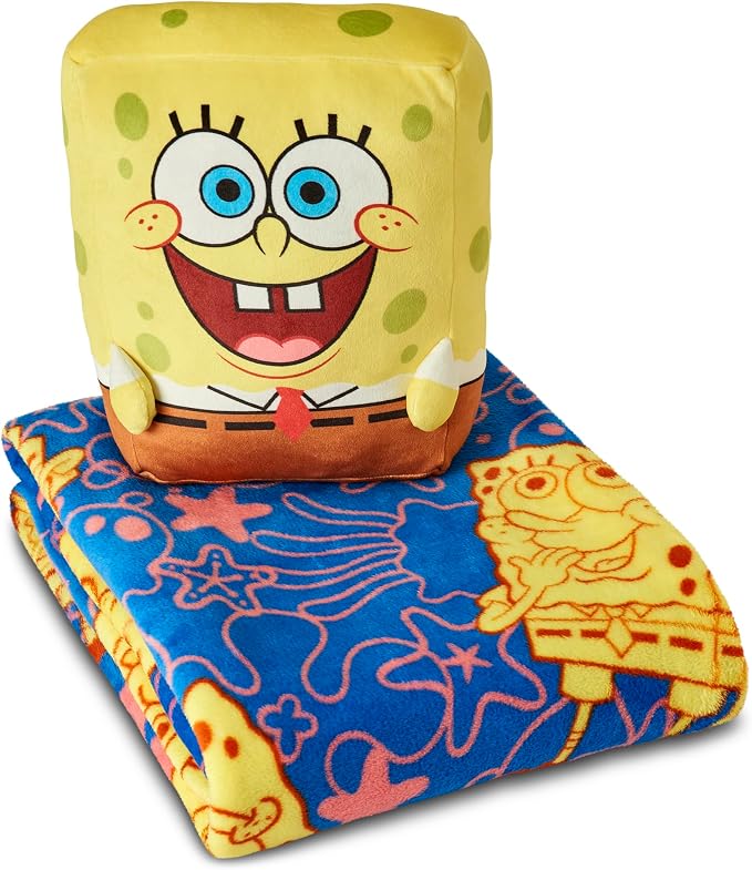 Northwest Spongebob Spongey Smiles Hugger Pillow & Silk Touch Throw Blanket Set, Stuffed Animal, 50x60 inch Blanket and 11 inch Plushie