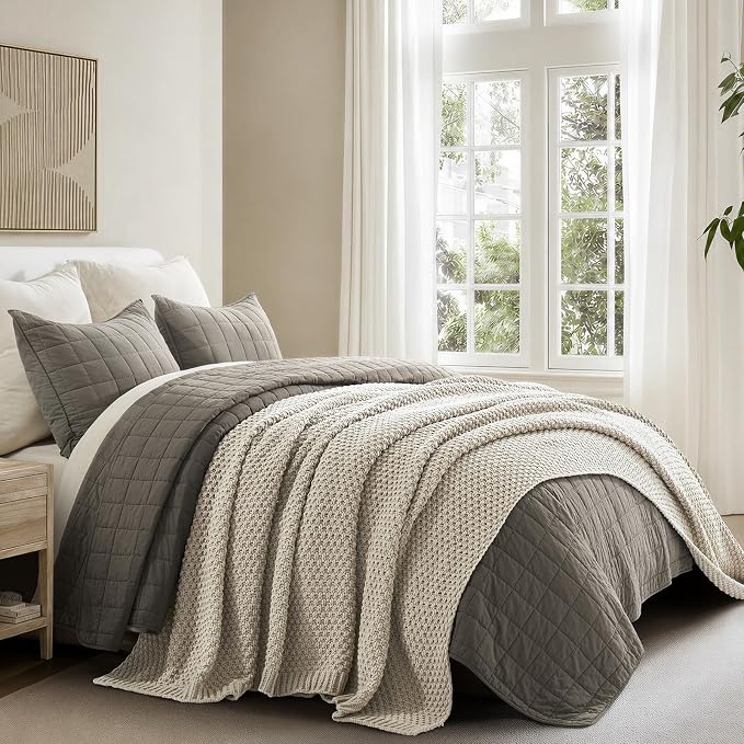 EVERGRACEHOME Chunky Chenille Knit Throw Blanket, 90 x 90, Warm Gray | Sculpted Moss Stitch, Chic Modern Farmhouse, All-Season Warmth, OEKO-TEX® Certified, Oversized Queen for Couch, Bed, Sofa