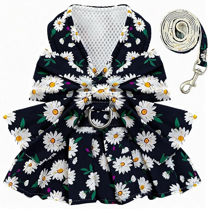 BAEJMJK Dog Dress Bowknot Harness Leash Set for Small Dogs Cats Daisy Floral Girl Dog Dresses Cute Puppy Princess Clothes Pet Doggy Outfits Spring Summer Breathable Dresses (Large, Navy Blue)