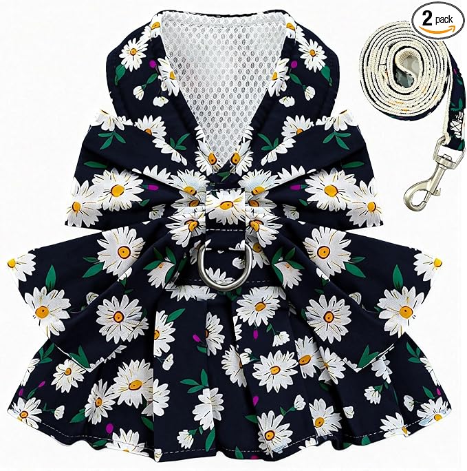 BAEJMJK Dog Dress Bowknot Harness Leash Set for Small Dogs Cats Daisy Floral Girl Dog Dresses Cute Puppy Princess Clothes Pet Doggy Outfits Spring Summer Breathable Dresses (X-Small, Navy Blue)