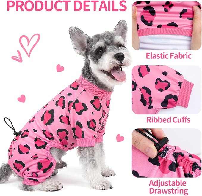 XPUDAC Leopard Dog Pajamas, Stretchy Girl Dog Clothes with Adjustable Drawstring, Soft Lightweight Pet Pjs Puppy Clothes Outfit for Small Medium Dogs, Pink, M