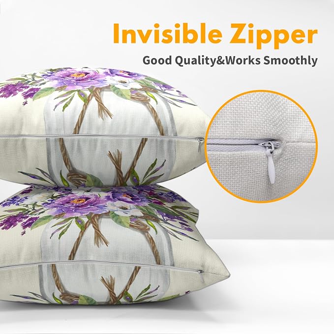 Kawani Lavender Flowers Throw Pillow Covers 22x22 Inch 2Pcs Watercolor Summer Purple Floral Leaves Mason Jar Farmhouse Pillowcases Cotton Linen Cushion Cover for Couch Sofa Bed Home Decor