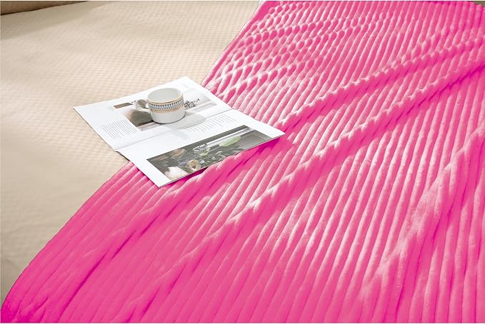 Vessia Flannel Fleece Throw Blanket for Couch,Sofa,Bed, 300GSM Striped Hot Pink Blanket for Adults and Kids, Super Soft Warm Cozy Lightweight Ribbed Throw for All-Season