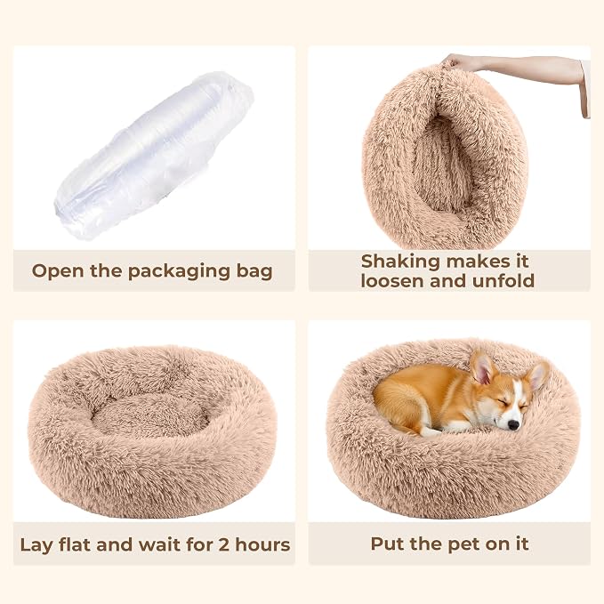 Calming Donut Dog Bed for Small Dogs, Anti-Anxiety Round Washable Plush Fluffy Faux Fur Large Cat Bed, 24 inches Fits up to 25 lbs Pets, Anti-Slip Waterproof Mute Base (Camel)