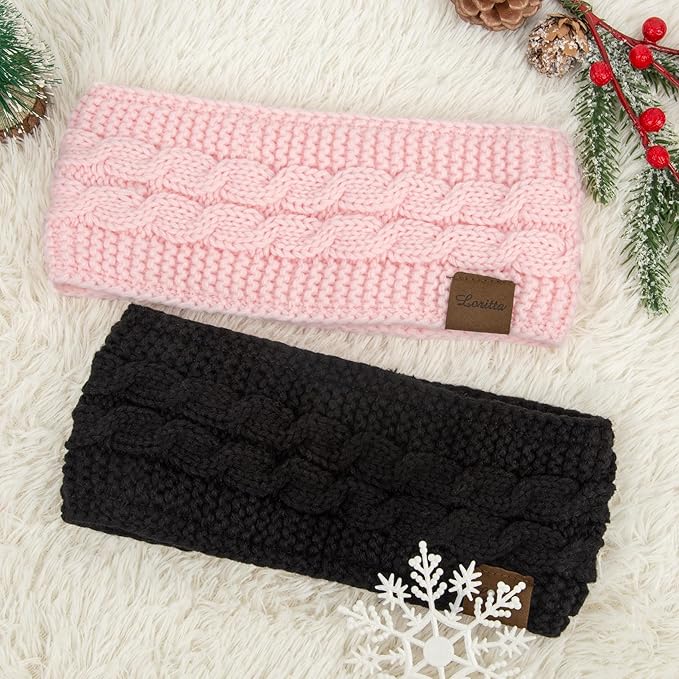 Loritta 2 Pack Headbands for Women Winter Warm Cable Knit Ear Warmer Thick Head Wrap Fuzzy Fleece Lined Gifts