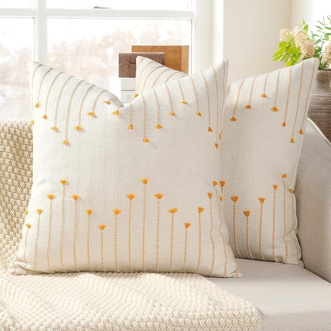 Boho Outdoor Throw Pillow Covers 22x22 Set of 2 Neutral Woven Decorative Pillowcases Cotton Tufted Couch Pillows Farmhouse Cushion Covers for Sofa Couch Bed Living Room Home Decor, Golden Yellow