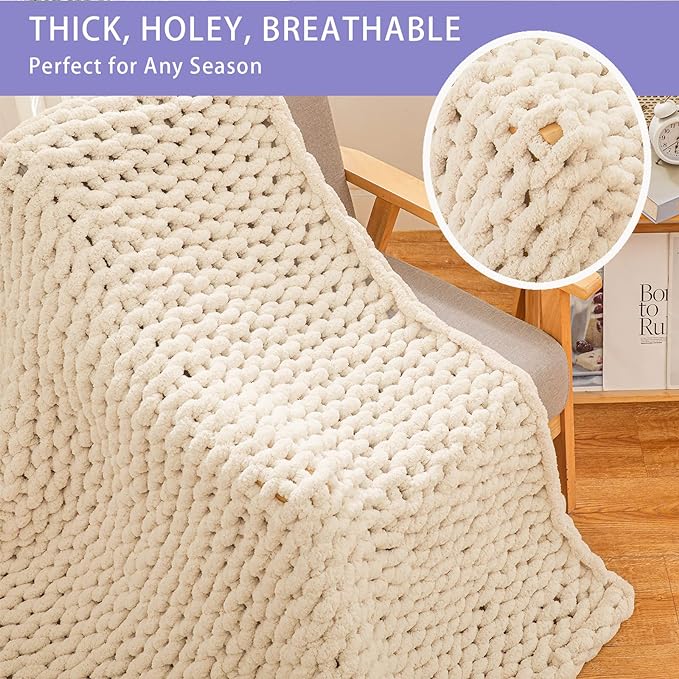 Bigacogo Chunky Knit Throw Blanket for Couch, 40x60 inches, Beige | Hand Knit with Jumbo Chenille, Soft Breathable Cable Knit for Sofa Bed Living Room, Machine Washable, Gift for Mom Friend