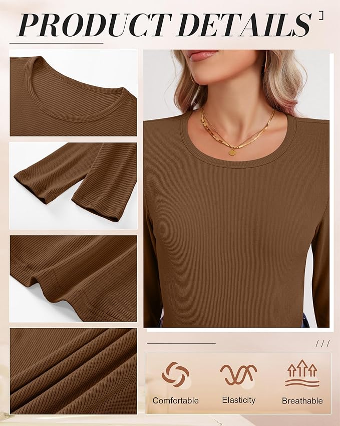 Ficerd 3 Pack Women's Ribbed Long Sleeve Tops, Crew Neck Slim Fit Undershirts Knit Basic Casual Stretch Layering Tee Shirts