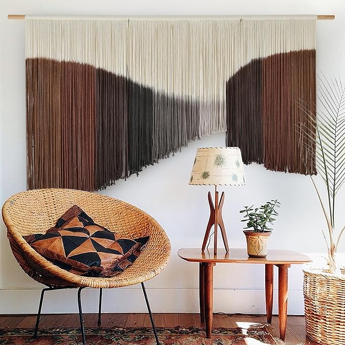 Jakalin Macrame Wall Hanging Brown Geometric Fiber Art Living Room 33" x57" | Geometric Dip-dyed Macrame Wall Art With Rich Brown-red Tones, Boho Texture, Artisan Character, and Home Style.