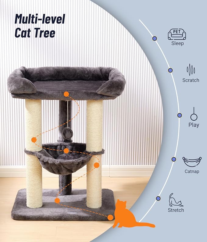 28" Cat Tree, Large Bed for Big Cats, Small Cat Tower with Soft Perch for Window Viewing, Stable Cat Tree Tower, Cat Scratching Post with Hammock, Removable Cover-Gray
