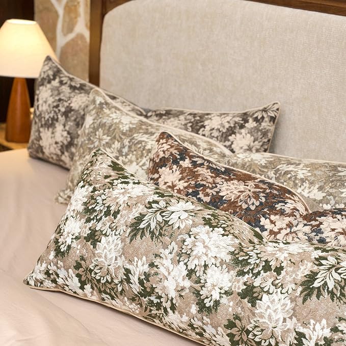 Neutral Floral Pillow Cover 14 x 36 Inches, Vintage Chenille Accent Throw Pillow Cover Soft Decorative Farmhouse Accent Couch Pillow Cover for Living Room Bedroom, Green