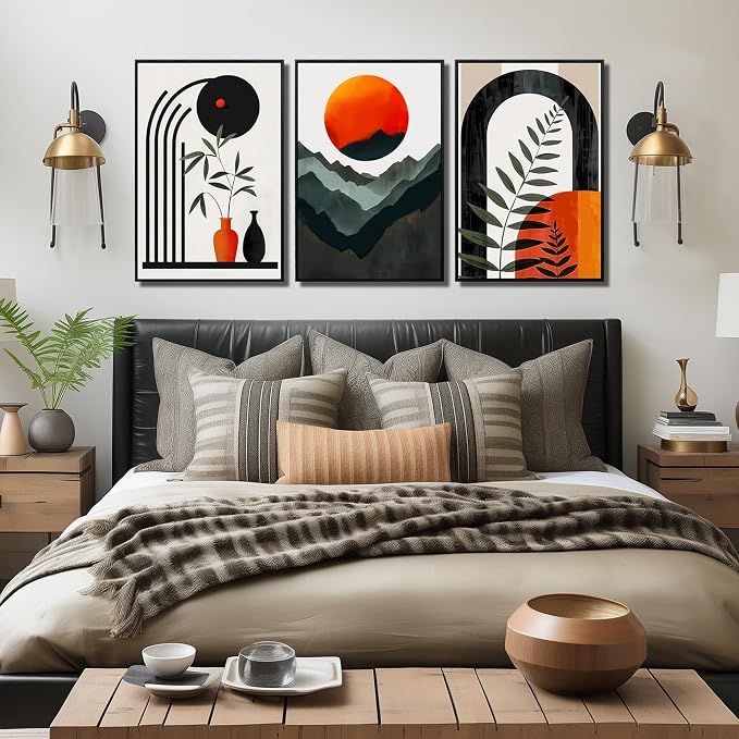 Framed Boho Wall Art for Living Room, Bohemian Canvas Wall-Decor for Bedroom, Mountian Moon and Geometric Shapes Picture Prints, Size 24 x 36 Inches 3-Pieces