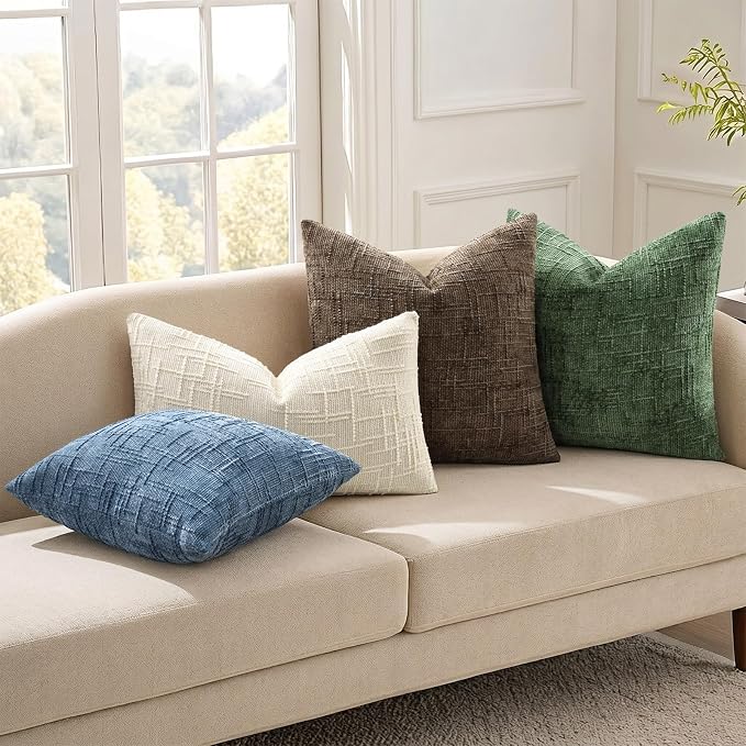 decorUhome Textured Chenille Throw Pillow Covers 22x22 Set of 2 Light Cream | Fall Modern Farmhouse Soft Cozy Slubby Couch Pillow Cases Boho Decorative Pillow Cases for Bed Sofa Living Room Home Decor