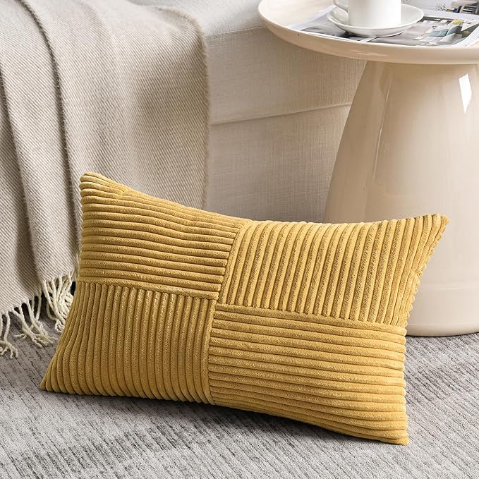 Fancy Homi Mustard Yellow Lumbar Decorative Throw Pillow Covers 16x28 Inch for Living Room Couch Bed, Rustic Farmhouse Boho Home Decor, Soft Striped Corduroy Rectangle Accent Cushion Case