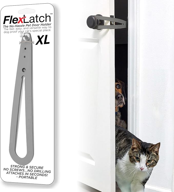 FlexLatch Cat Door Holder Latch - Cat Door Alternative Installs Fast Flex Latch Strap Let's Cats in and Keeps Dogs Out of Litter & Food. Safe Baby Proof One Piece Extra Easy, XL Gray