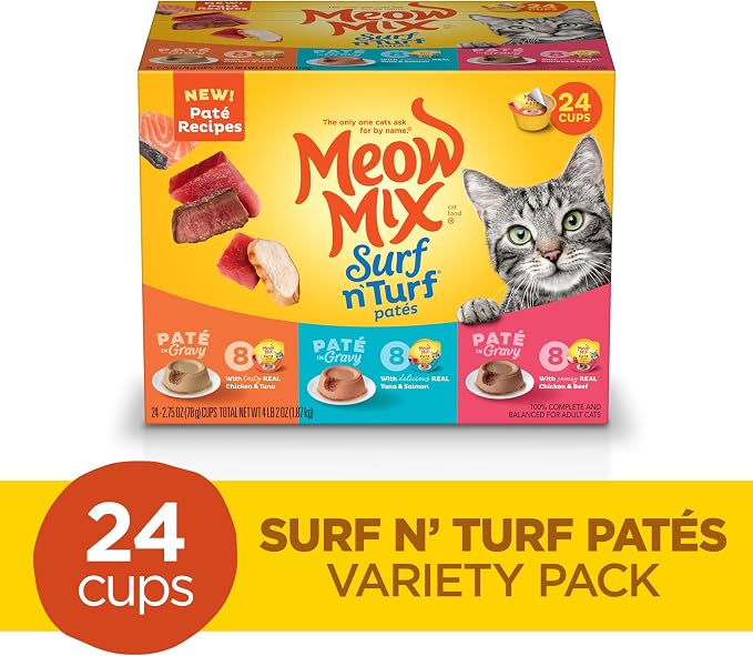 Meow Mix Paté in Gravy Wet Cat Food Variety Pack, Surf n’ Turf Patés 2.75 Ounce (Pack of 48)