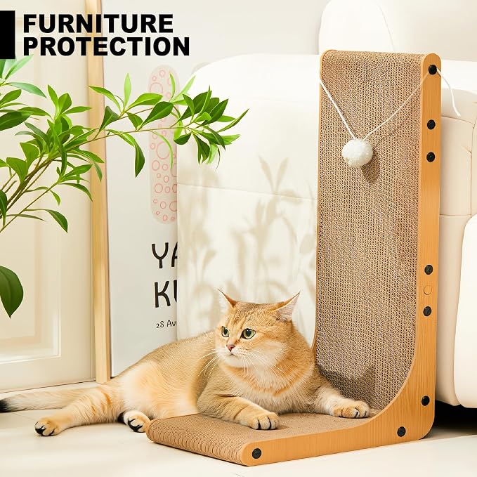 Value 2-Pack 23.6 Inch L-Shaped Cardboard Cat Scratcher, Dual Use (Vert/Horiz) Scratch Pad with Toy Balls, Wall-Mountable Furniture Protector Cat Scratchers for Indoor Cats