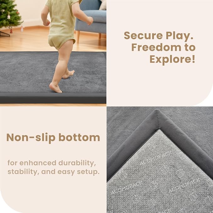 ACOMOPACK Baby Play Mat for Floor 1.3" Thick Memory Foam Play Mat 71"×79" Tummy Time Crawling with Non-Slip Bottom for Living Room,Nursery,Soft Velvet Playpen Mats for Kids,Infants（Dark Grey）