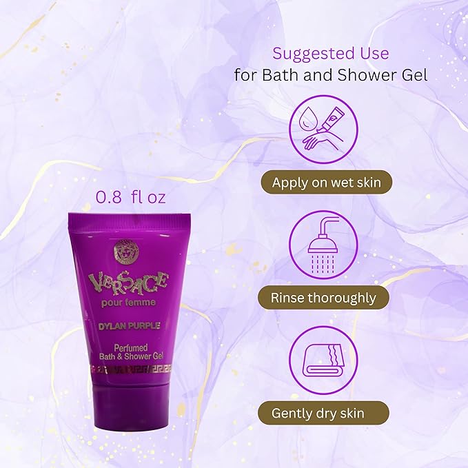 Versace Dylan Purple for Women 3 Piece Set Includes: 0.17 oz Eau de Parfum + 0.8 oz Perfumed Bath Shower Gel + 0.8 oz Perfumed Body Lotion