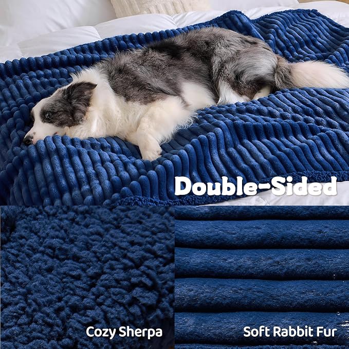 Waterproof Calming Dog Blanket for Large Dogs, Noiseless Soft Plush Pet Blanket for Bed, 500GSM Thick Faux Fur Pet Throw, Cozy Couch Furniture Protection Washable, Night Blue, 50x60IN