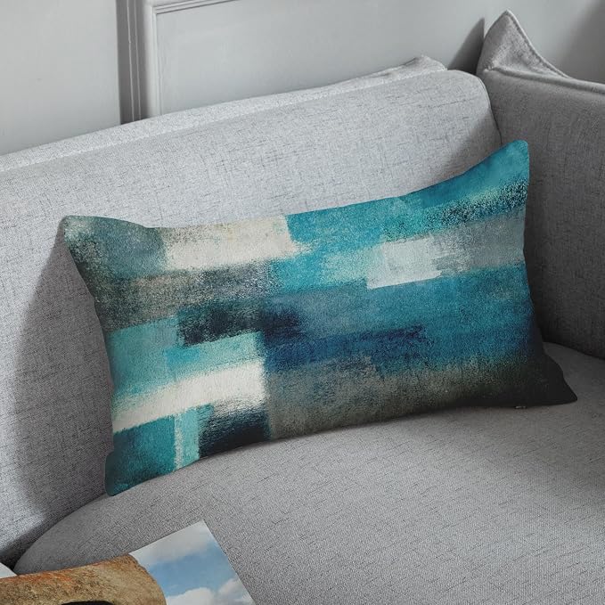 Throw Pillow Covers Set of 2, 12 x 20 Inch, Teal Peacock Blue | Abstract Modern Art Outdoor Decorative Square Pillow Cases Couch Cushion Case for Couch Bed Sofa Living Room Home Decor