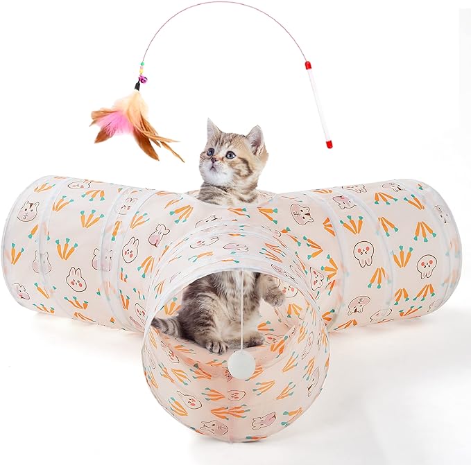 Tempcore Cat Tunnel, 3-Way Collapsible Toy for Indoor Cats, Pink Rabbit