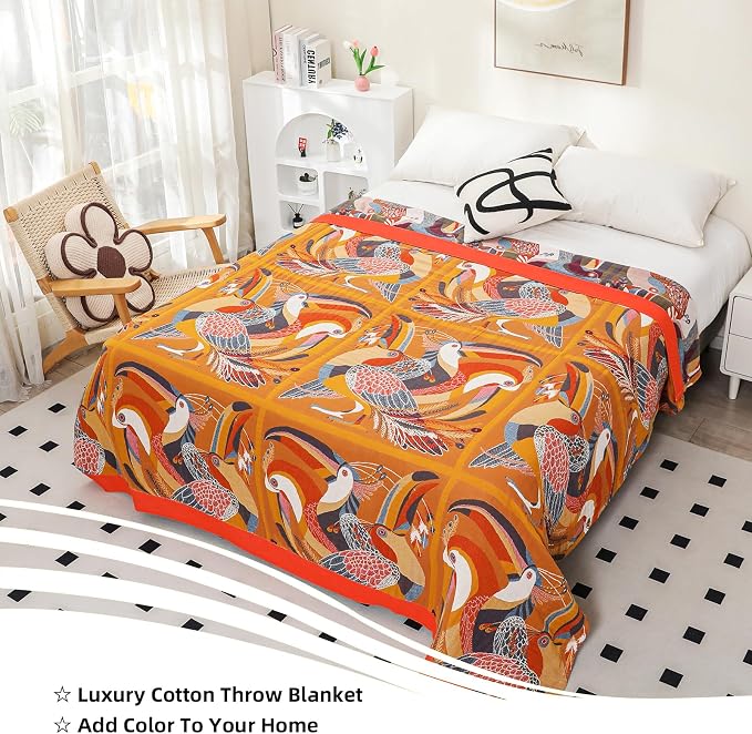 VANJOROY Boho Large Throw Blanket, 100% Organic Cotton Breathable Soft Bed Throw - Floral Bird Farmhouse Decor Blanket for Sofa Couch Chair Quilt and Gift. 91" x 98"- Colorful