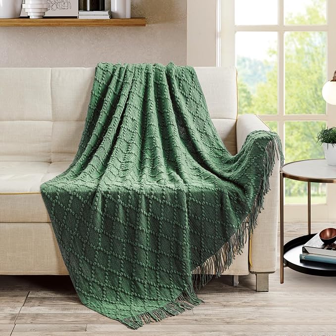 BOURINA Green Throw Blanket 50 x70 Inch Jacquard Throw Knitted Blanket | Jacquard Argyle Throw Textured Solid Soft Throws and Blankets for Sofa or Bed Knitted Decorative Blanket
