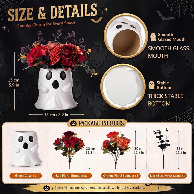SiliFine Halloween Ghost Bucket with Artificial Flowers Halloween Vase | 6 Inch, Ghost Vase Planter Pot, Halloween Floral Centerpiece, Halloween Candy Holder, Desktop, Indoor Outdoor Holiday Decor