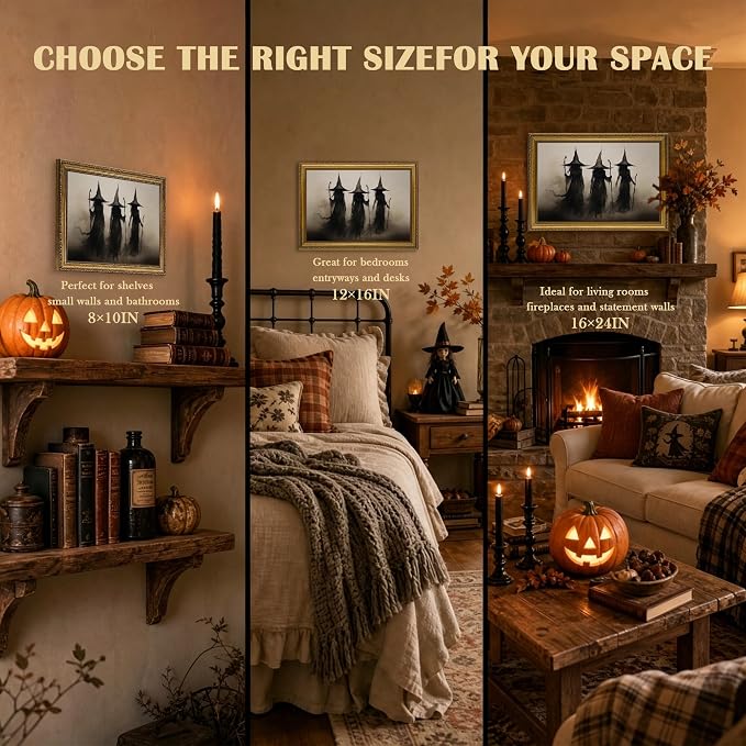 JLTULT Three Witches Halloween Wall Art, Gothic Framed Canvas, 8 x 10 in | Dark three-witch scene on fade-resistant canvas with an ornate ready-to-hang PS frame for entryways and Halloween displays