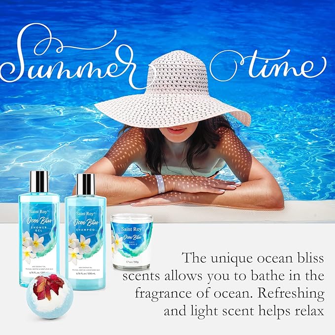 Mothers Day Gifts for Women Bath & Body Gift Set, Bath Basket Spa kit Gifts for Her Him Birthday Gift for Woman, Self-care Home Spa Kit, 8pcs Christmas Gift for Women Ocean Vanilla, Spa Gift Baskets