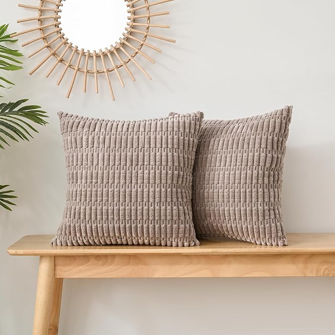 Volcanics Pack of 2 Corduroy Mocha Brown Throw Pillow Covers 18x18 | Decorative Soft Striped Square Cushion Cases, Modern Farmhouse Boho Home Decor