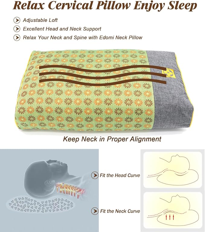 Buckwheat Pillow Cube for Side Sleepers, Pain Relief for Neck Support Adjustable Cervical Pillows, Included Floral Pattern Square Pillow (18x10 Inch, Lemon Yellow)