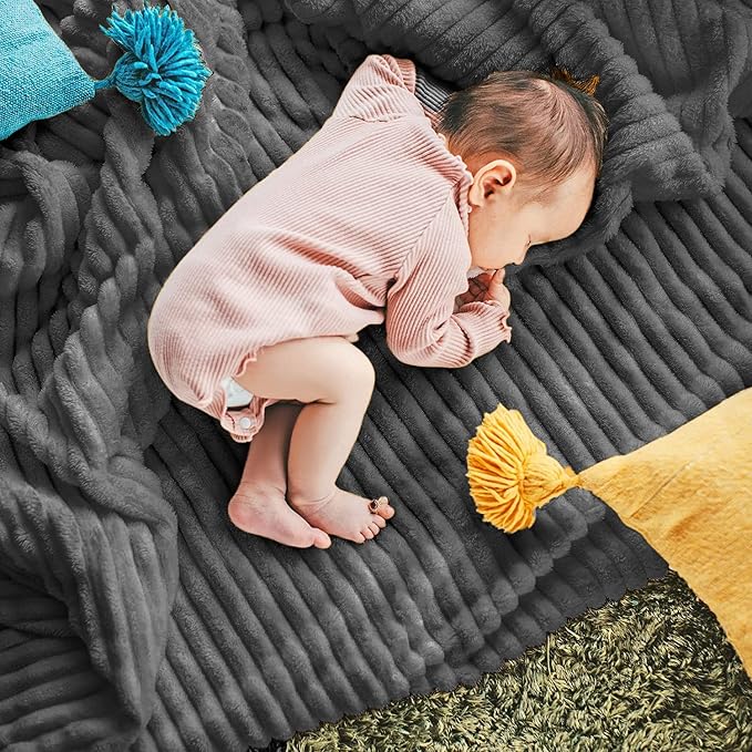 DISSA Fleece Blanket Twin Size – 60x80, Dark Grey – Soft, Plush, Fluffy, Fuzzy, Warm, Cozy – Perfect Throw for Couch, Bed, Sofa - with Pompom Fringe - Flannel Blanket Throw Blanket