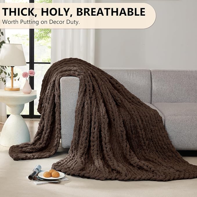 L'AGRATY Chunky Knit Throw Blanket for Couch, 60 x 80 Inches, Cocoa Brown | Handmade Chenille Crochet Blanket for Sofa Bed, Thick Cable Knitted Blankets for Room Home Decor, Birthday Gift for Women Mom